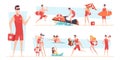 Beach lifeguards. Kids spend good safety time on the summer beach sea or ocean recreation works exact vector lifeguard