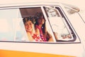 Beach Lifestyle Surfer Girls in Vintage Surf Van Royalty Free Stock Photo