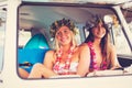 Beach Lifestyle Surfer Girls in Vintage Surf Van Royalty Free Stock Photo