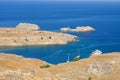 Beach in Lindos, Rhodes, one of the Dodecanese Islands in the Aegean Sea, Greece. Royalty Free Stock Photo