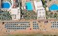 Beach line and recreation area of hotels on the Mediterranean Sea in Protaras, Cyprus, view from the top, aerial Royalty Free Stock Photo