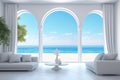 White modern minimalist style living room with opened window to the ocean. AI generated Royalty Free Stock Photo