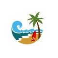 Beach logo wit surfing board in circle frame