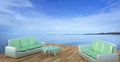 Beach lounge and balconies with sofa and seascape in summer seas Royalty Free Stock Photo