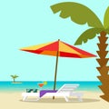 Beach lounge chair near sea and sun umbrella and palm vector illustration, flat cartoon seafront resort landscape with