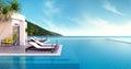 Beach lounge,sun loungers on Sunbathing deck and private swimming pool with panoramic sea view at luxury villa/3d rendering Royalty Free Stock Photo