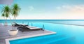 Beach lounge ,sun loungers on Sunbathing deck and private swimming pool with panoramic sea view at luxury villa/3d rendering