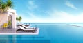 Beach lounge ,sun loungers on Sunbathing deck and private swimming pool with panoramic sea view at luxury villa/3d rendering Royalty Free Stock Photo