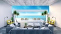 Beach lounge ,sun loungers on Sunbathing deck and private swimming pool with panoramic sea view at luxury villa/3d rendering Royalty Free Stock Photo