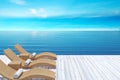 Beach lounge, sundeck over blue sea and sky, summer holiday vacation concept