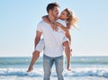 Beach love, blue sky and couple hug on outdoor adventure for romantic date, peace or nature freedom. Ocean sea, marriage Royalty Free Stock Photo