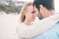 Beach, love and couple touching face on holiday, vacation and romantic weekend for anniversary. Intimacy, marriage and Royalty Free Stock Photo