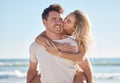 Beach love, hug and couple kiss on romantic date, bonding getaway or outdoor nature adventure for peace, freedom and fun Royalty Free Stock Photo