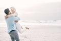 Beach, love and man carry woman on holiday, vacation and romantic weekend for anniversary. Mockup space, marriage and
