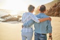 Beach, love and an old couple walking on the sand by the ocean or sea for romance or dating at sunset. Nature, summer or Royalty Free Stock Photo