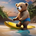 A beach-loving bear in swim trunks, surfing on a small surfboard4