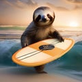 A beach-loving sloth in swim trunks, catching waves on a miniature surfboard4