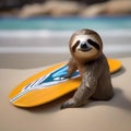 A beach-loving sloth in swim trunks, catching waves on a miniature surfboard5