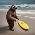 A beach-loving sloth in swim trunks, catching waves on a tiny surfboard2