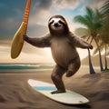 A beach-loving sloth in swim trunks, catching waves on a tiny surfboard3