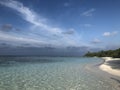 Beach Maldives sandy white crystal clear sky blue shades green lagoon reef waves