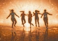 youth man group vacation friend fun ocean happiness sunset silhouette jump. Generative AI. Royalty Free Stock Photo