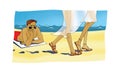 On the beach. A man with sunglasses watches the slender legs of passing women