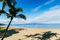 A beach in Maui Hawaii with sand, waves, palm trees and a blue sky Royalty Free Stock Photo