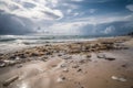 beach with microplastics and garbage floating in the water