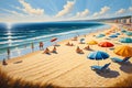 Beach at Midday: Sun High and Glaring, Casting Sharp Shadows Beneath Umbrellas, a Pair of Flip-Flops Rests in the Sand