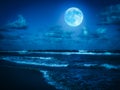 Beach at midnight with a full moon Royalty Free Stock Photo