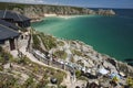 Beach and Minack Theatre at Porthcurno, Cornwall, England Royalty Free Stock Photo