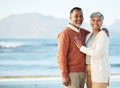 Beach, mockup and portrait of senior couple on vacation or holiday together and happy with love in nature at sea Royalty Free Stock Photo