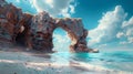 A beach with a natural rock arch formed by erosion, framing the vast ocean beyond