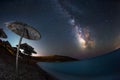 Mari Pintau beach at night with milky way on the sky. Geremeas, Sardinia.