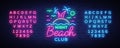 Beach nightclub neon sign. Logo in Neon Style, Symbol, Design Template for Nightclub, Night Party Advertising, Discos