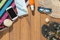 Beach objects, face mask and hydro alcoholic gel on wooden boards