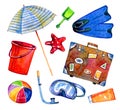 Beach objects - parasol, flippers, suitcase, ball, mask, bucket. Hand drawn watercolor set Royalty Free Stock Photo