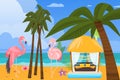 Beach ocean coast, summer resort background, vector illustration. Tropical travel at vacation, outdoor holiday in gazebo
