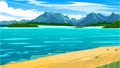 Beach ocean horizon. Tropical landscape. Sandy seashore. Sea and sand. Tidal bore. Vector illustration. Mountains in the distance