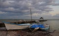 Beach and ocean pier panorama with fisher boat in chelem mexico Royalty Free Stock Photo