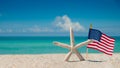 Beach, Ocean, Starfish, American flag. Summer vacations. Atlantic Ocean. Florida paradise. Sunny day.