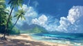 Beach and Ocean Wallpaper with Palm Trees in the Style of Speedpainting Royalty Free Stock Photo