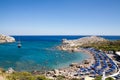 Beach off the coast of the island of Rhodes in Faliraki, Greece. Seaside landscape. Rocky coast and sea.Bay off the coast of falir Royalty Free Stock Photo