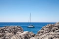 Beach off the coast of the island of Rhodes in Faliraki, Greece. Royalty Free Stock Photo