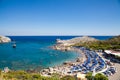 Beach off the coast of the island of Rhodes in Faliraki, Greece. Royalty Free Stock Photo