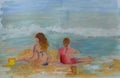 At the beach. Oil painting done on canvas.