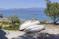 Beach and old boats close-up on a spring, sunny day Greece, Peloponnese