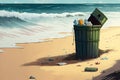 Beach With Overflowing Trash Bin And Overflowing Garbage Bag