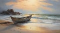 Struggling Canoe Caught In Undertow: Beach Painting Royalty Free Stock Photo